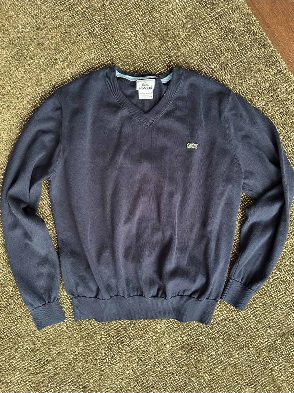Lacoste Men's Navy V-Neck Cotton Pullover with Green Crocodile Logo